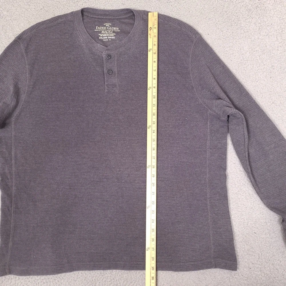 Faded Glory Mens Shirt XXL Gray Waffle Knit Long Sleeve Henley Tee Thermal Layer
